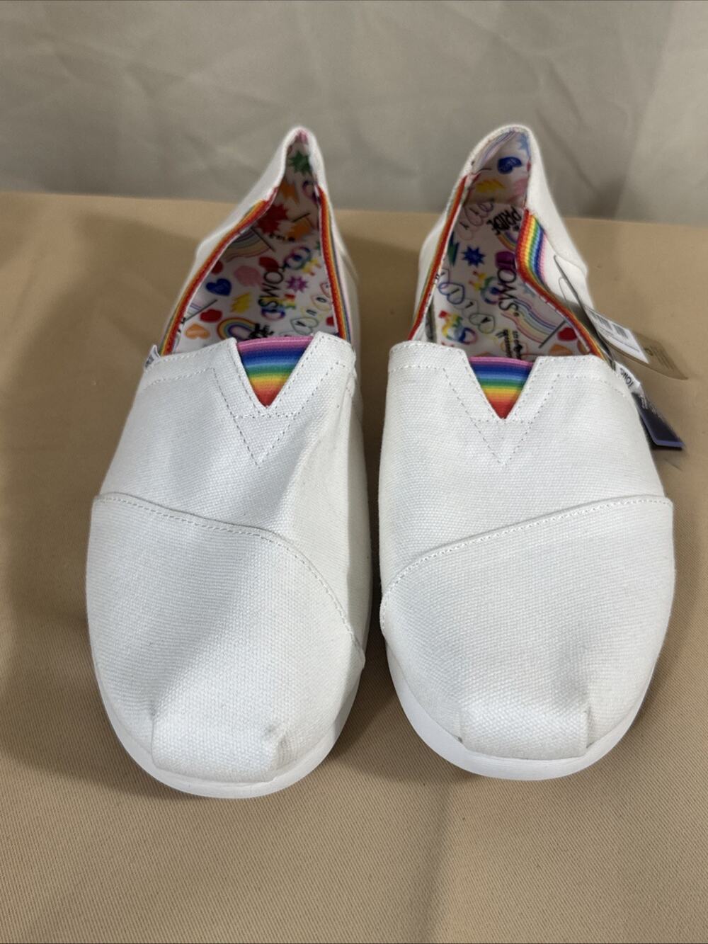 TOMS Alpargata Men’s 10.5 White Rainbow Pride Canvas Slip On Shoes NEW